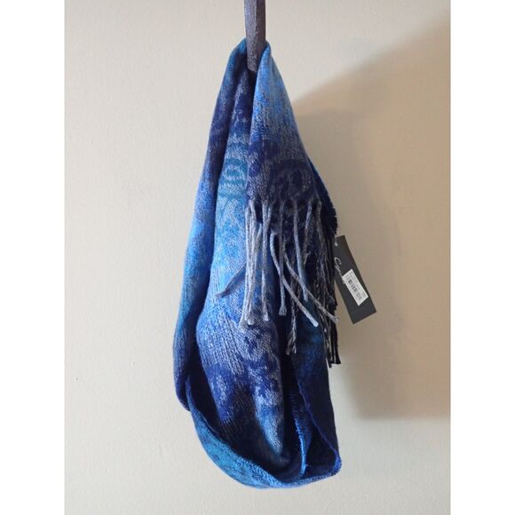 Cejon Scarf Blue Floral Paisley Wrap Rectangle Fringe Made In Italy NWT - Picture 1 of 7